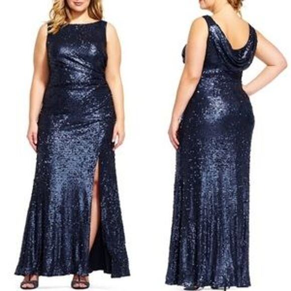 Adrianna Papell Sequin Sleeveless Scoop Back Gown Sparkle Maxi Dress Navy Blue - Picture 15 of 15